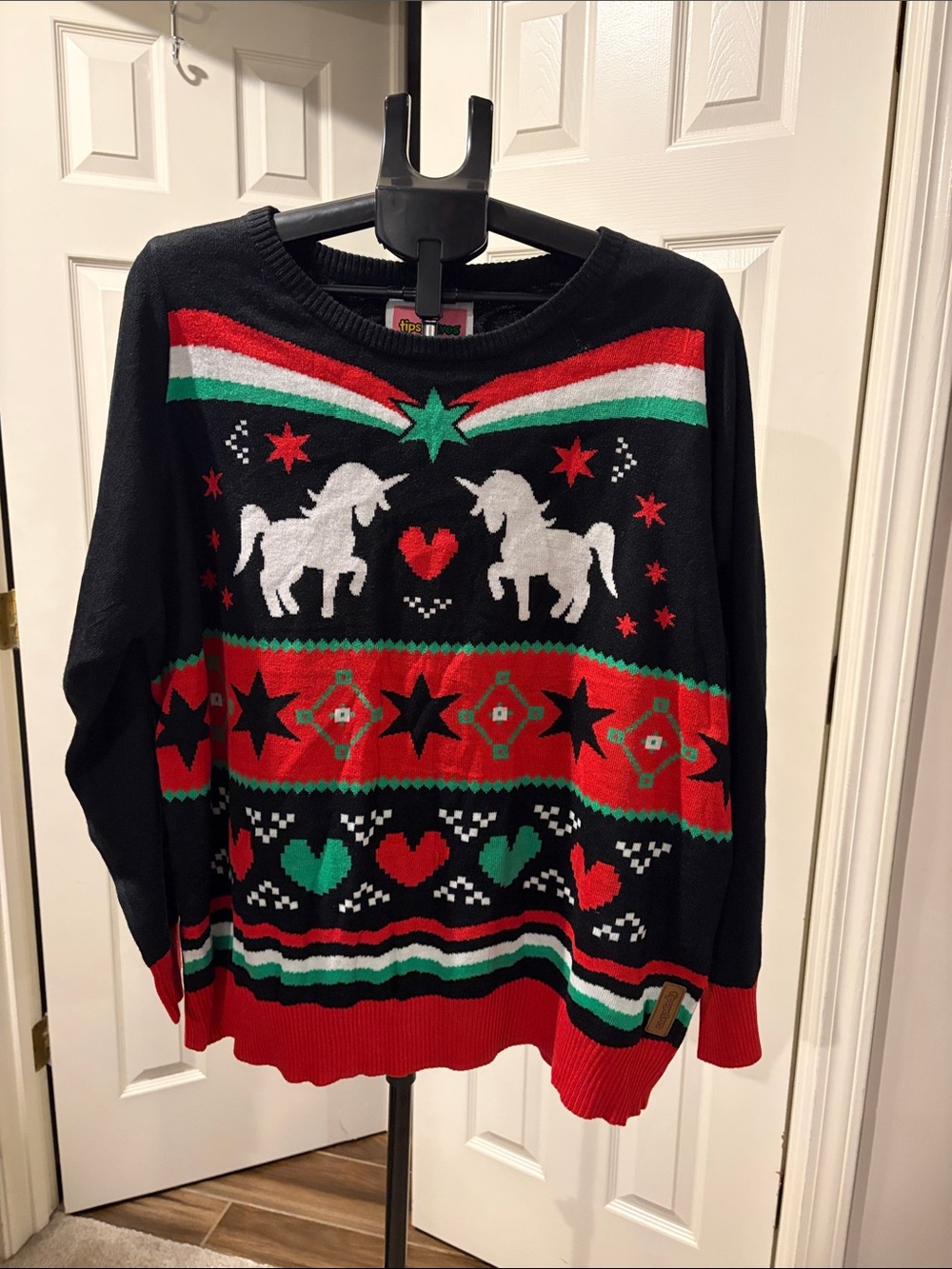 Tipsy Elves Black Holiday Unicorn Sweater with Red and Green Accents XL